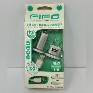 NEW Fifo USB Car & Home Charger 4ft dual sided cable Metallic Android and Apple